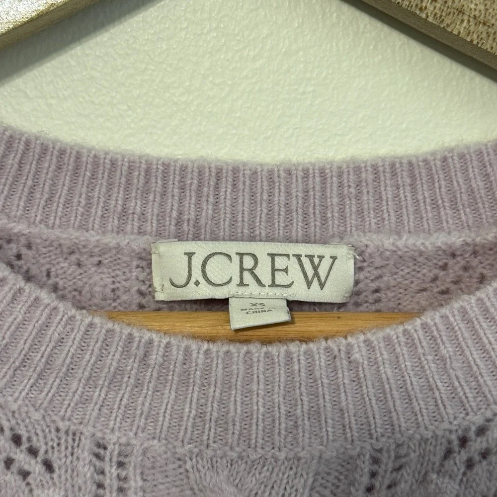 J. CREW Pointelle Cable Knit Sweater Puff Sleeve Lilac Purple Wool Blend Size XS